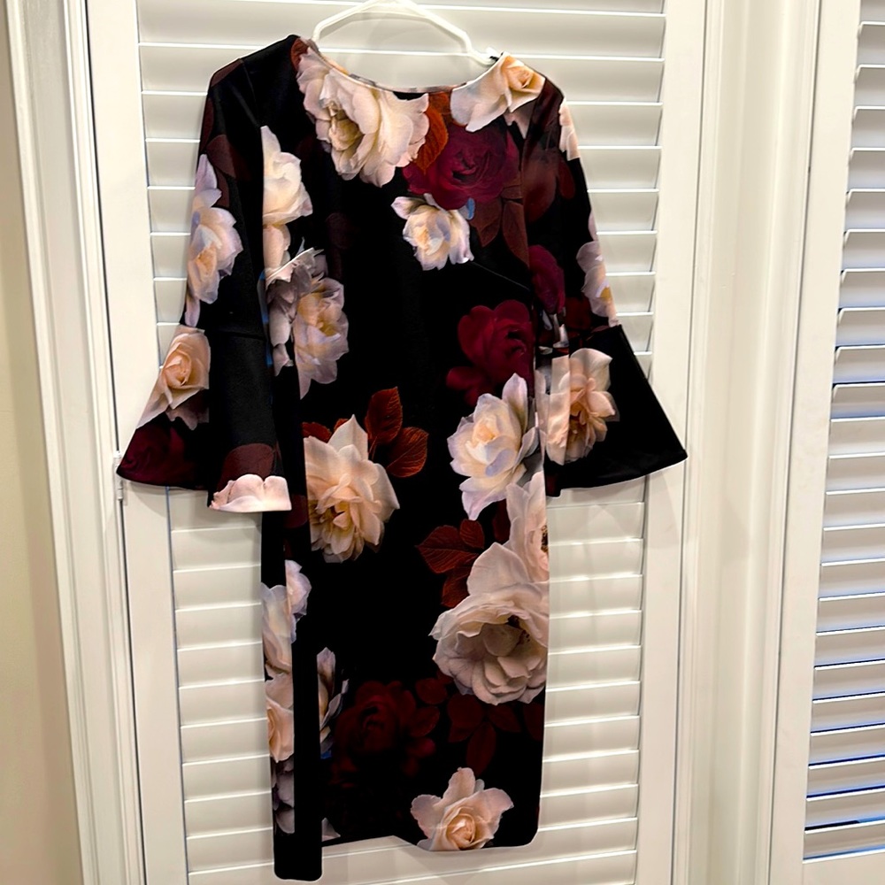 Calvin Klein Floral-Print Bell-Sleeve Sheath Dress black purple 8